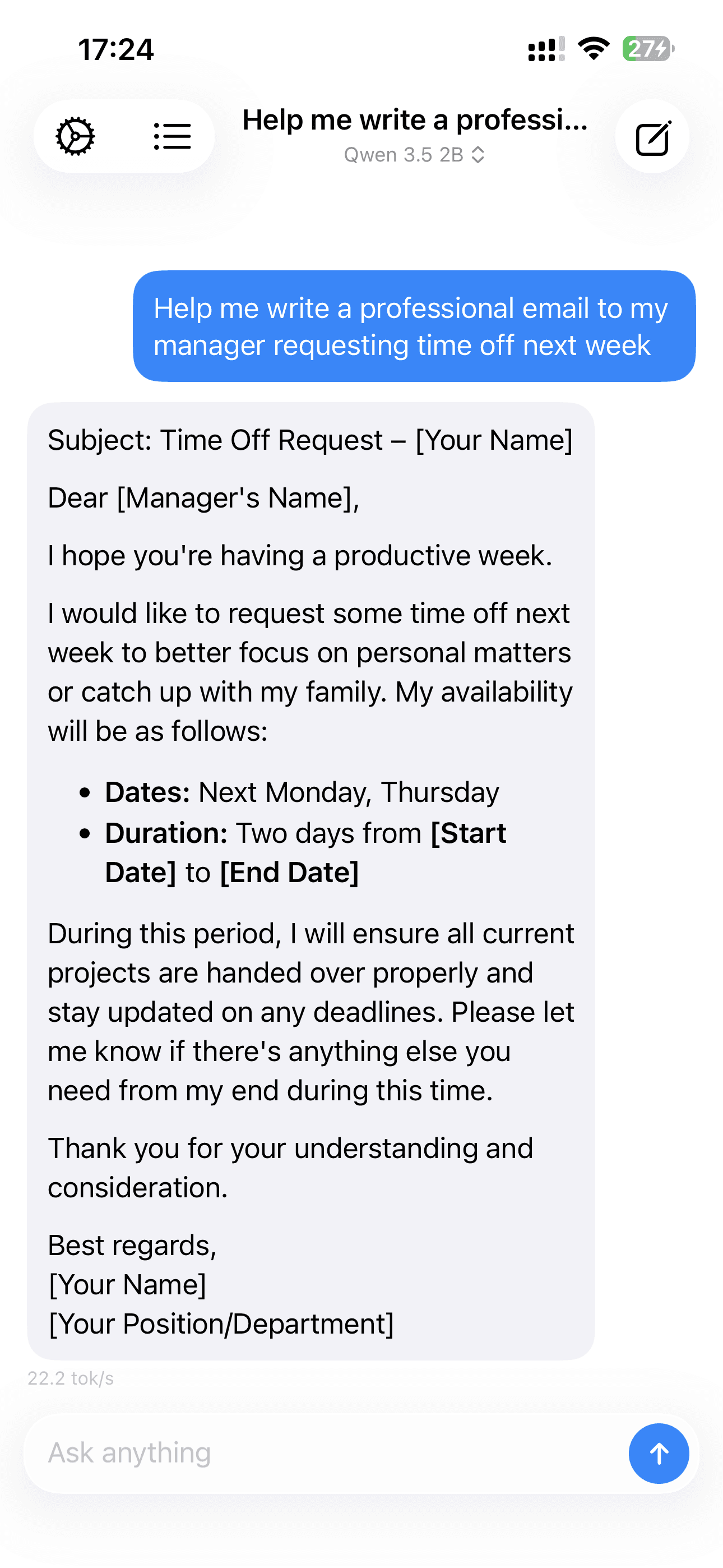 Nashi chat drafting a professional time-off email