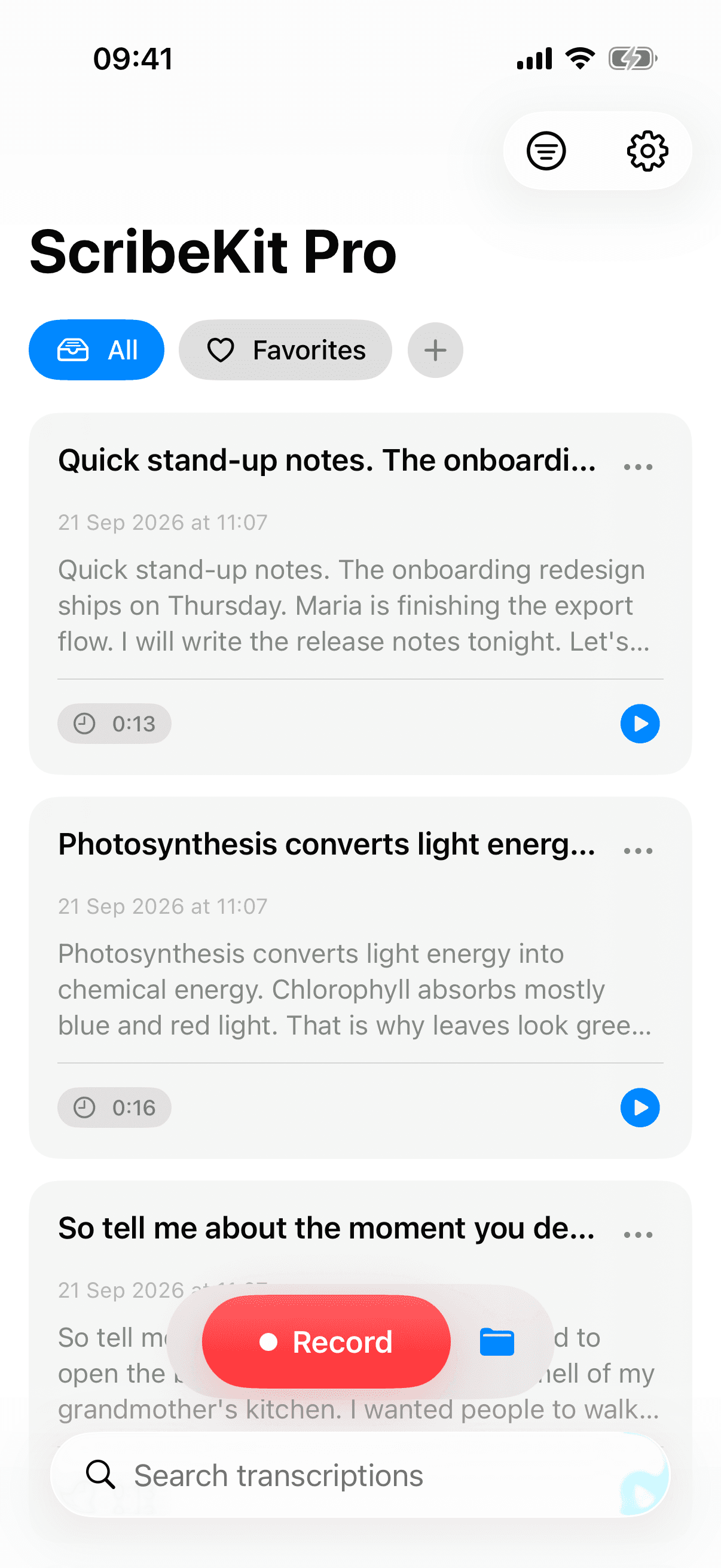 ScribeKit home screen listing transcribed recordings with durations