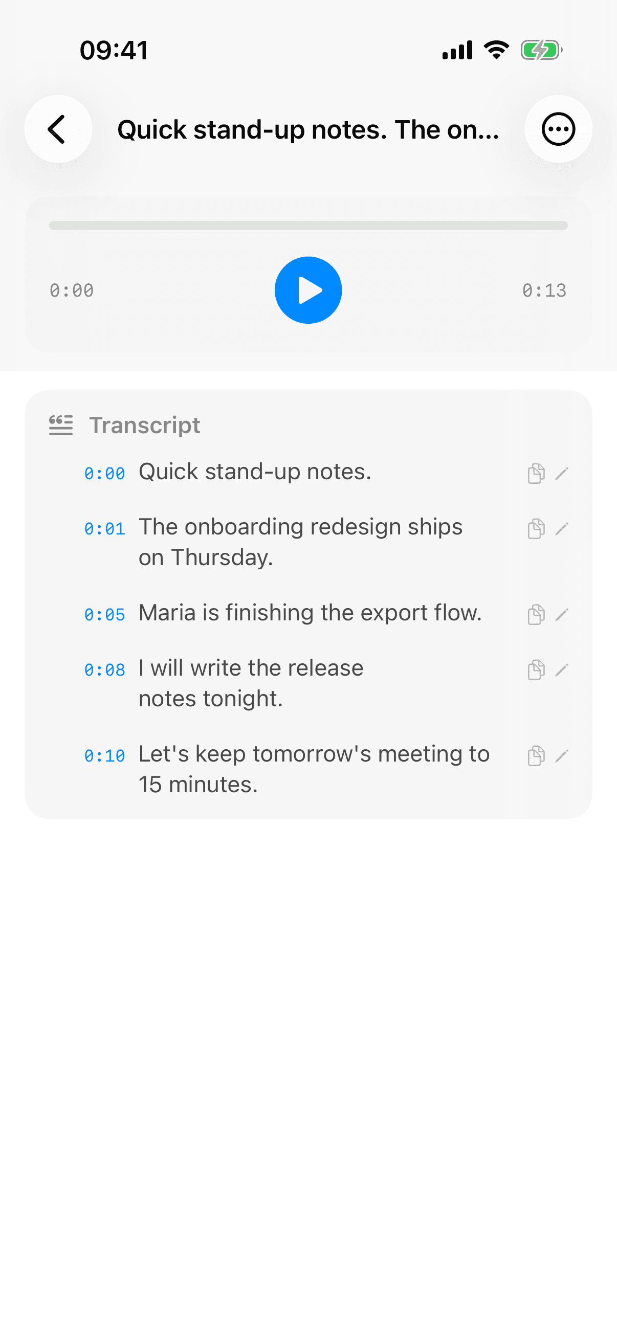 A ScribeKit transcript with timestamped segments and audio playback
