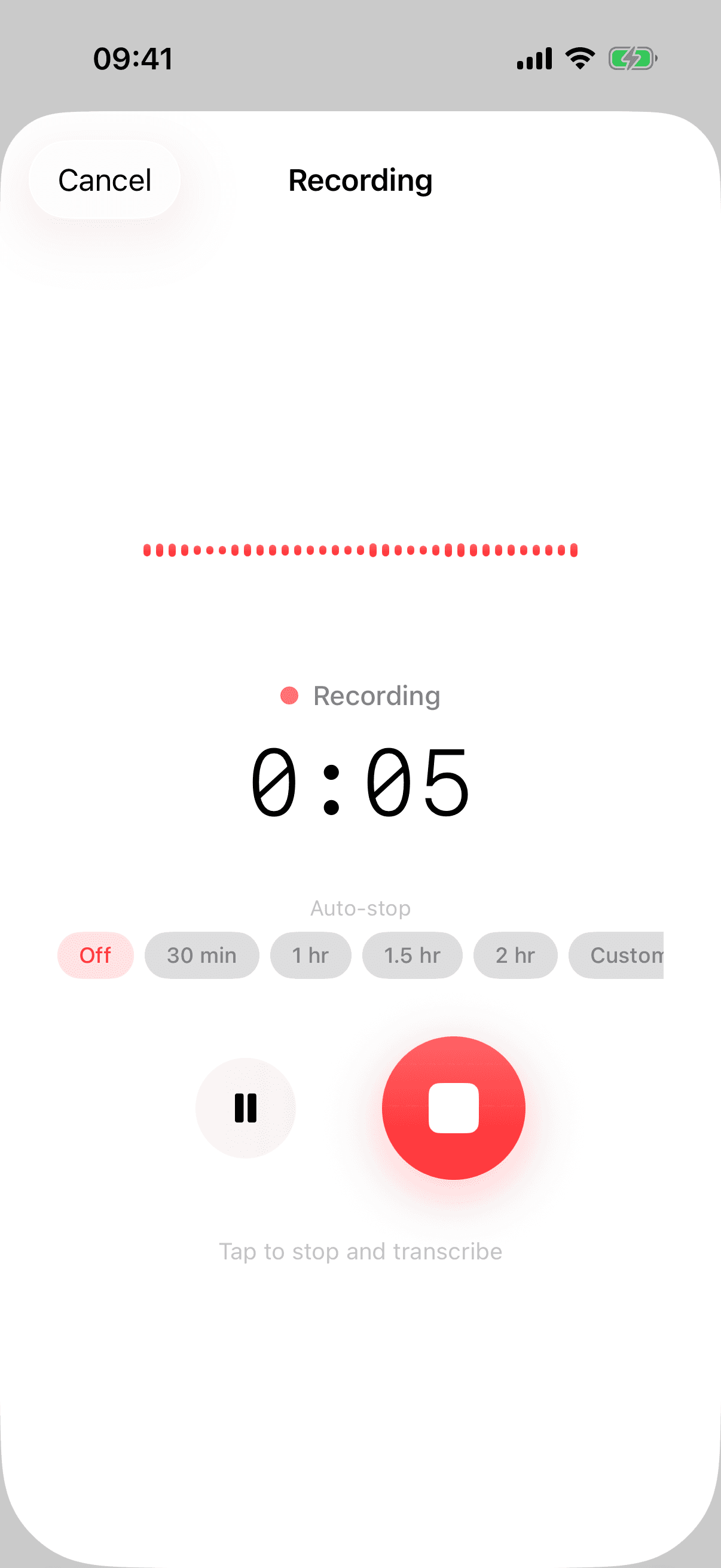 ScribeKit recording screen with waveform, timer and auto-stop