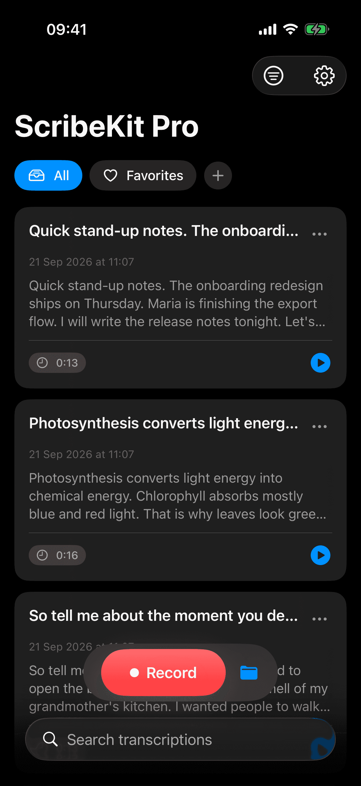 ScribeKit home screen in dark mode