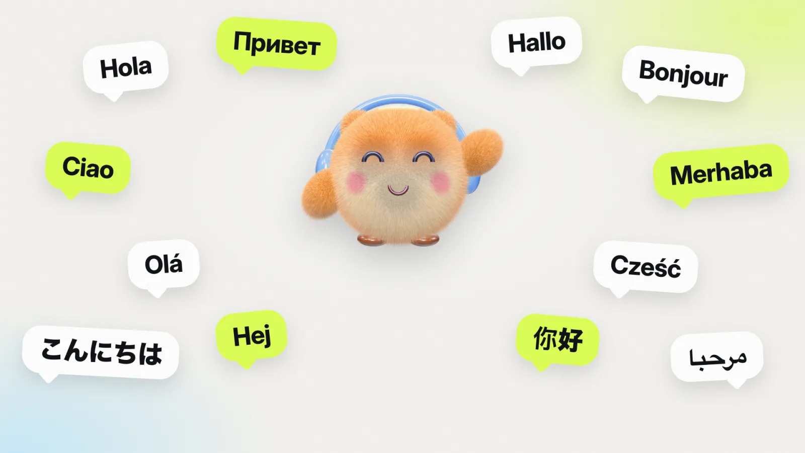 Mango, ScribeKit's mascot, waving among speech bubbles that say hello in Spanish, Russian, German, French, Italian, Turkish, Portuguese, Polish, Japanese, Swedish, Chinese and Arabic