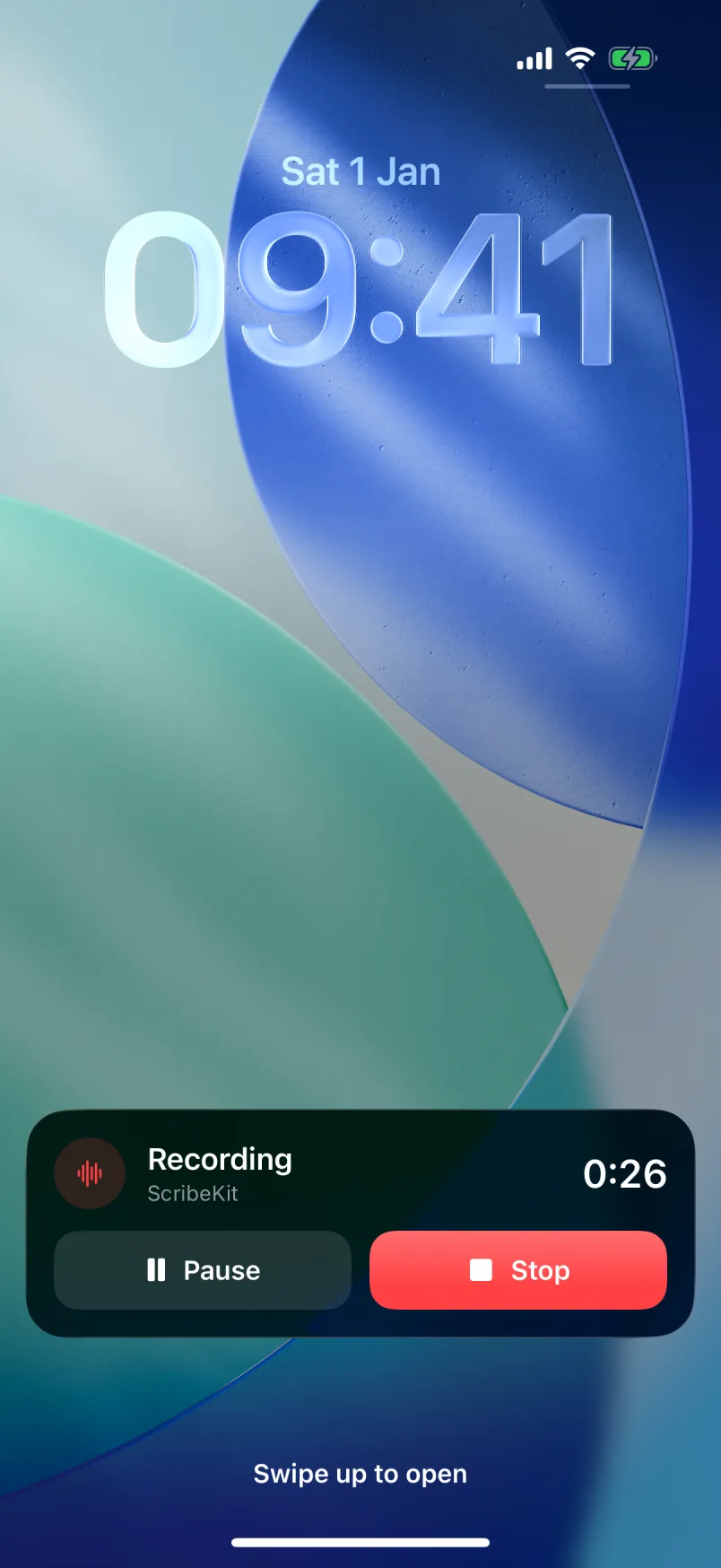 ScribeKit's recording Live Activity on the iPhone Lock Screen with Pause and Stop buttons
