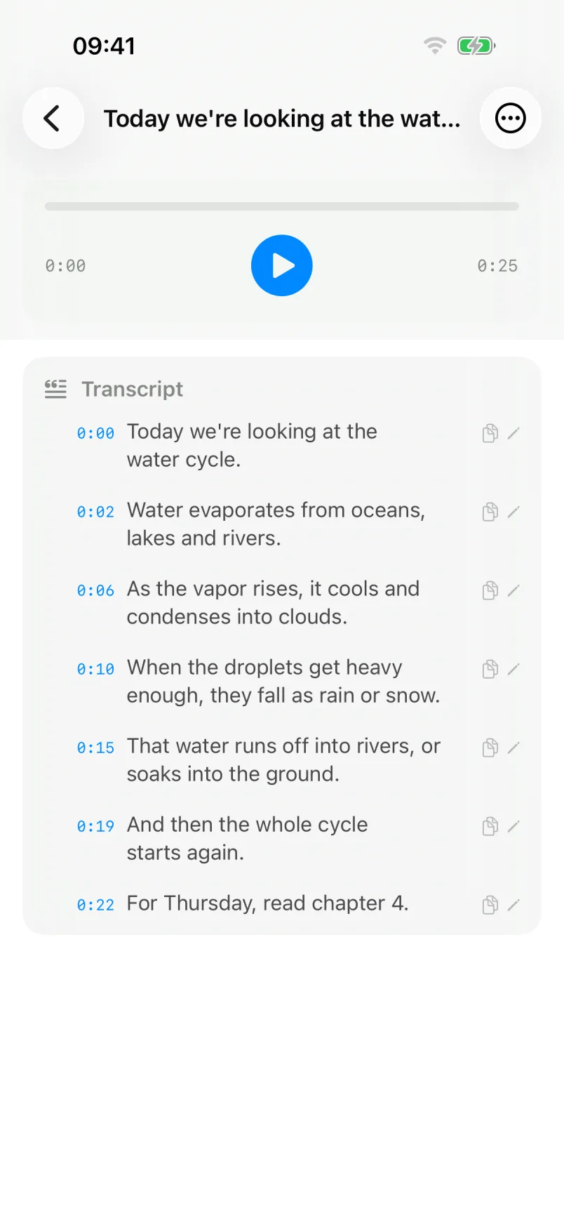 A ScribeKit transcript split into timestamped segments with an audio player